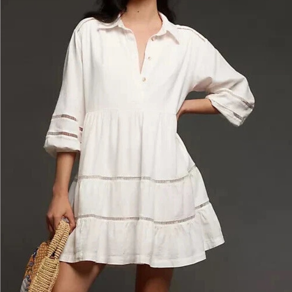 Anthropologie Bettina Linen Blend Tiered Shirt Dress White 1X